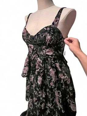 Black Floral Peplum Midi Dress with Pink Roses